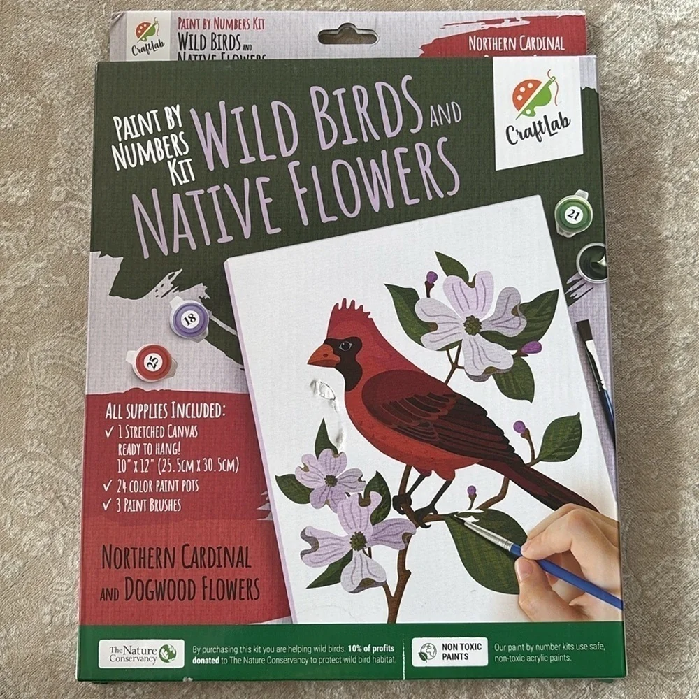 NIB CraftLab Paint by Numbers Kit Northern Cardinal & Dogwood Flowers DIY Canvas